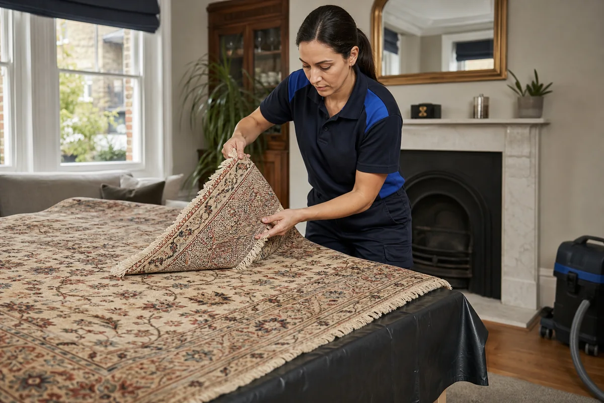 Female technician wool rug inspection